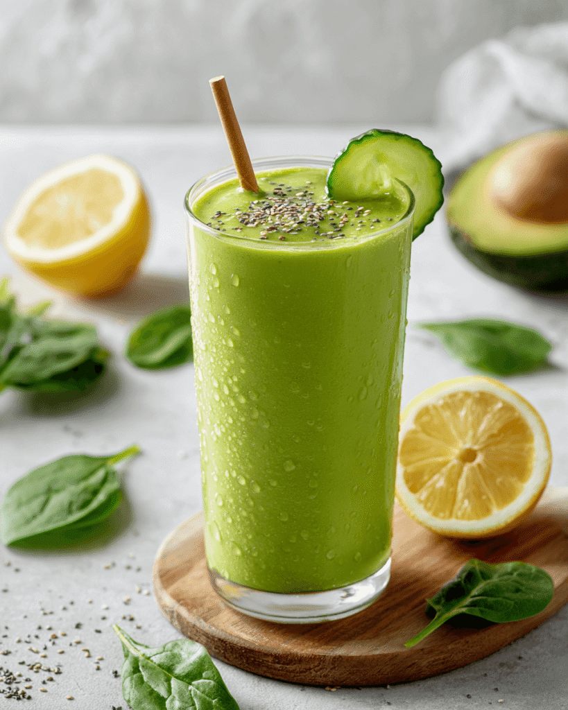 glass of green goddess smoothie on a wooden table with fresh fruit around