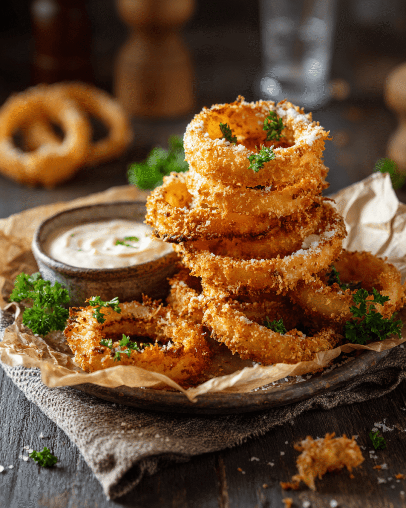 Crispy golden keto onion rings stacked on a plate with a side of dipping sauce