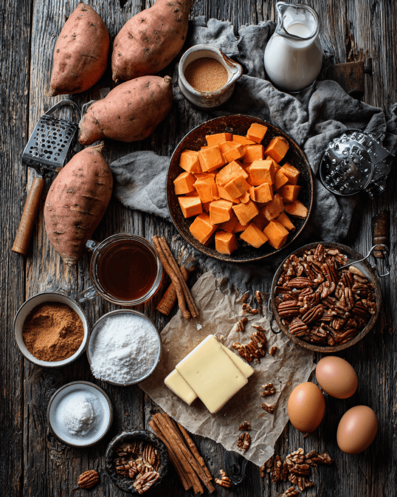 Ingredients for sweet potato casserole including sweet potatoes, maple syrup, pecans, butter, and cinnamon