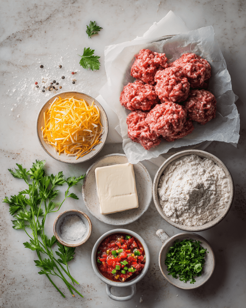 Ingredients for Rotel sausage balls including ground sausage, cream cheese, Rotel tomatoes, cheddar cheese, and biscuit mix