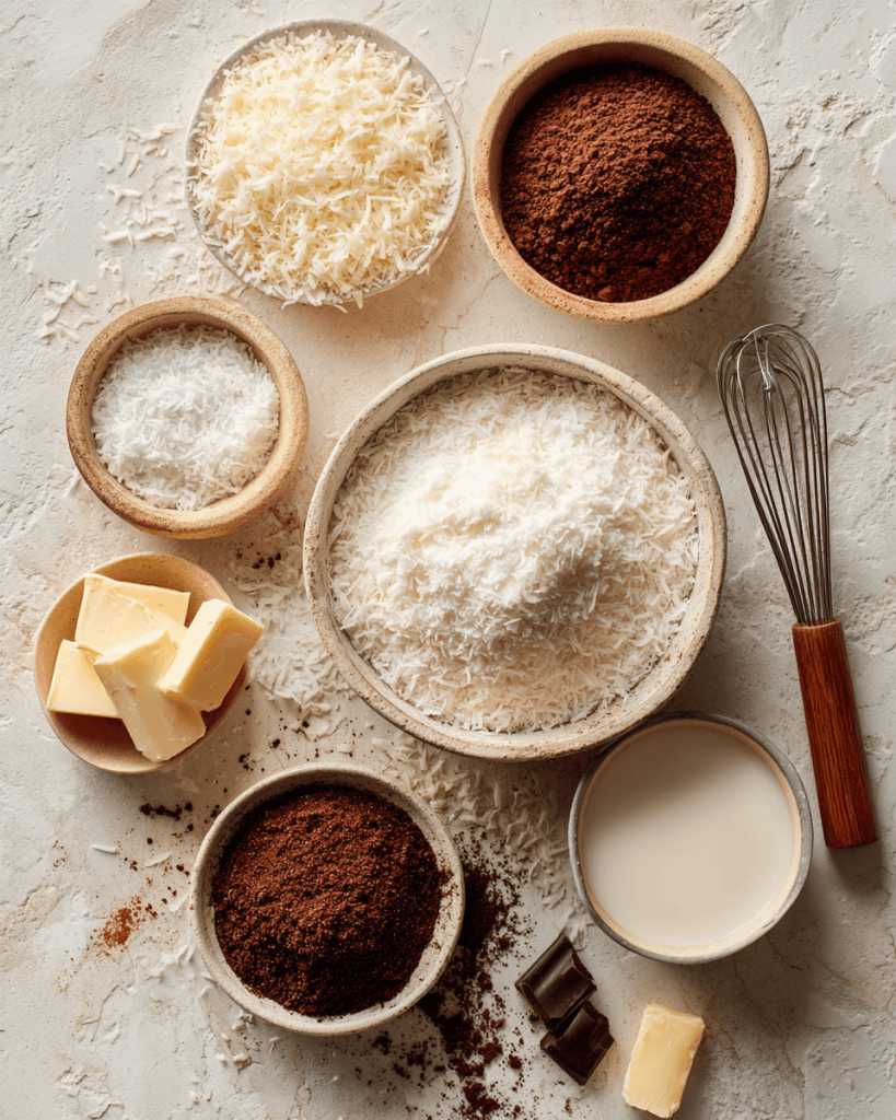 Ingredients for no-bake moose farts including cocoa powder, condensed milk, graham crumbs, and shredded coconut