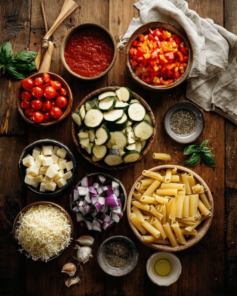 Ingredients for Mediterranean pasta bake including penne pasta, zucchini, tomatoes, bell peppers, olives, and mozzarella