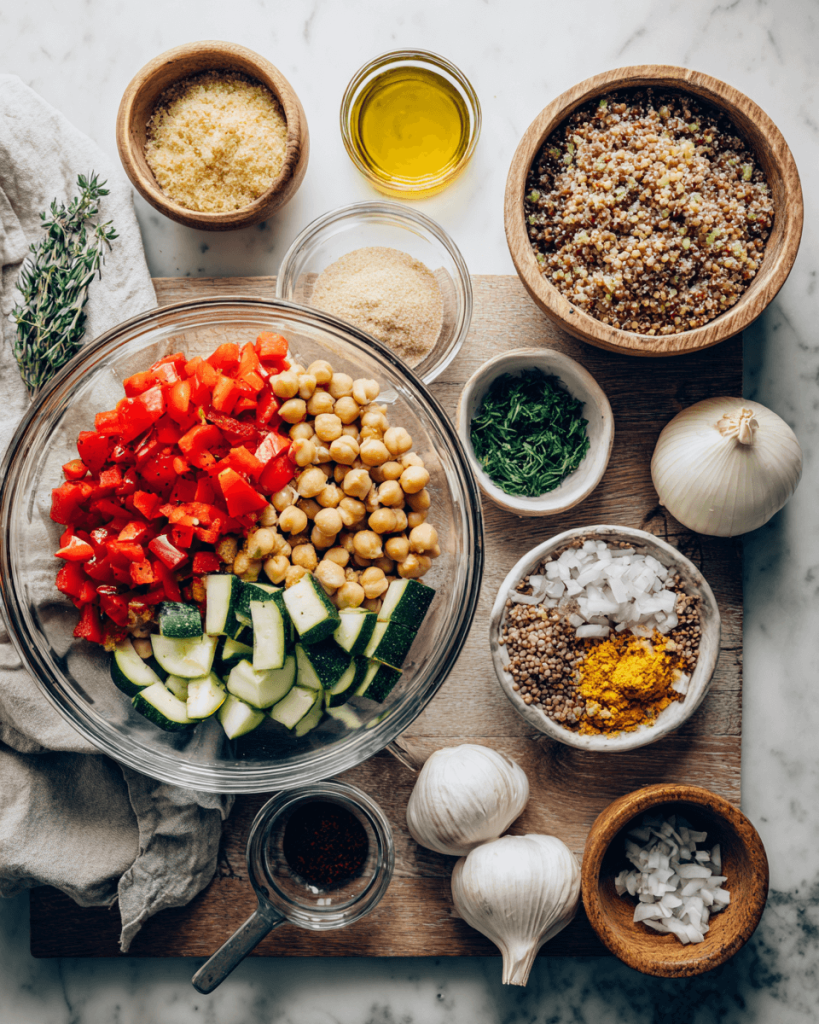 Ingredients for vegan high-protein casserole including tofu, lentils, vegetables, quinoa, and spices