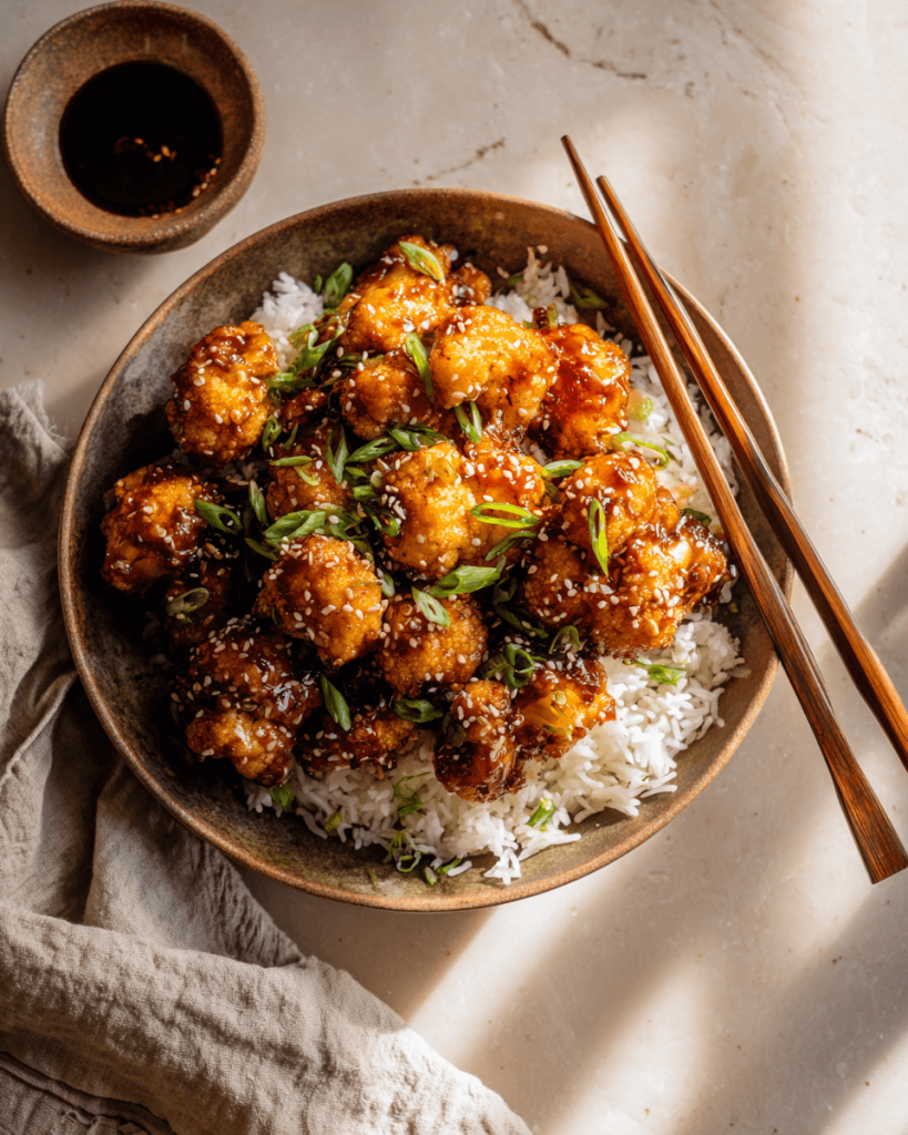 Close-up of sticky sesame cauliflower showing the crispy coating and glossy sesame glaze