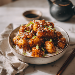 Bowl of sticky sesame cauliflower served over steamed rice and topped with sesame seeds