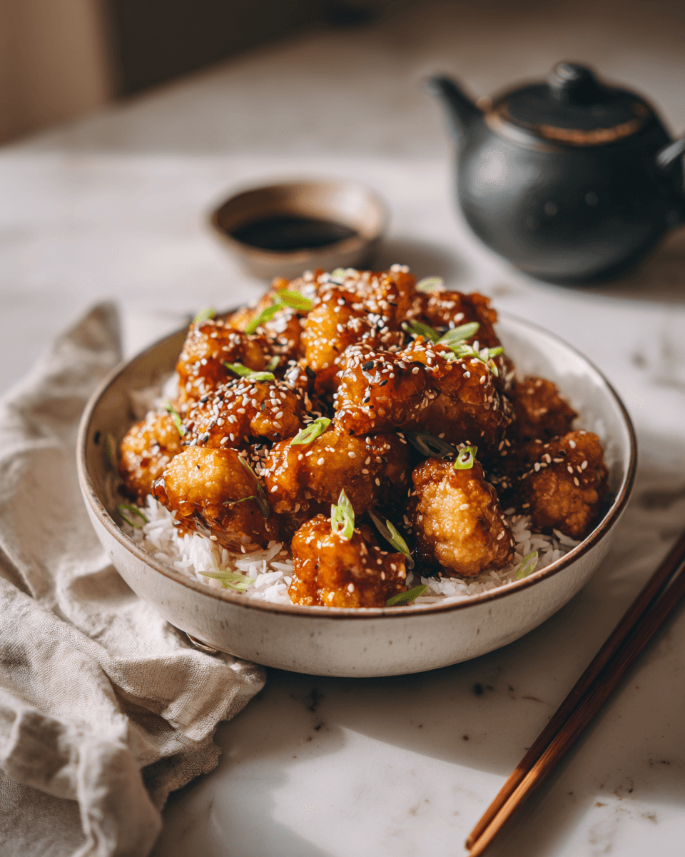 Bowl of sticky sesame cauliflower served over steamed rice and topped with sesame seeds