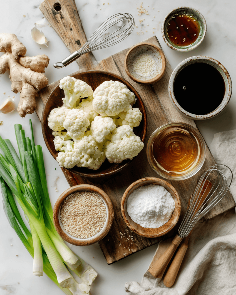 Ingredients for sticky sesame cauliflower including cauliflower florets, soy sauce, honey, garlic, and sesame oil
