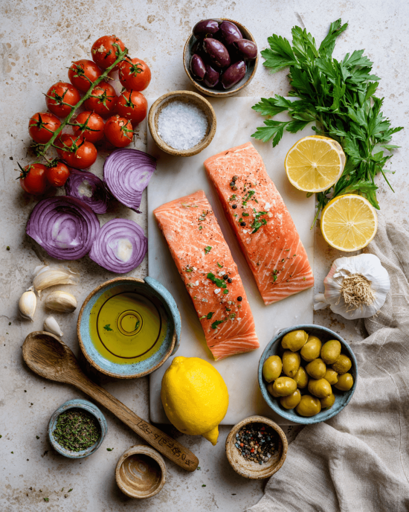 Ingredients for Mediterranean salmon including salmon fillets, cherry tomatoes, olives, red onion, garlic, and olive oil