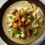Broccoli, Cauliflower, and Cheddar Soup with Garlic Croutons
