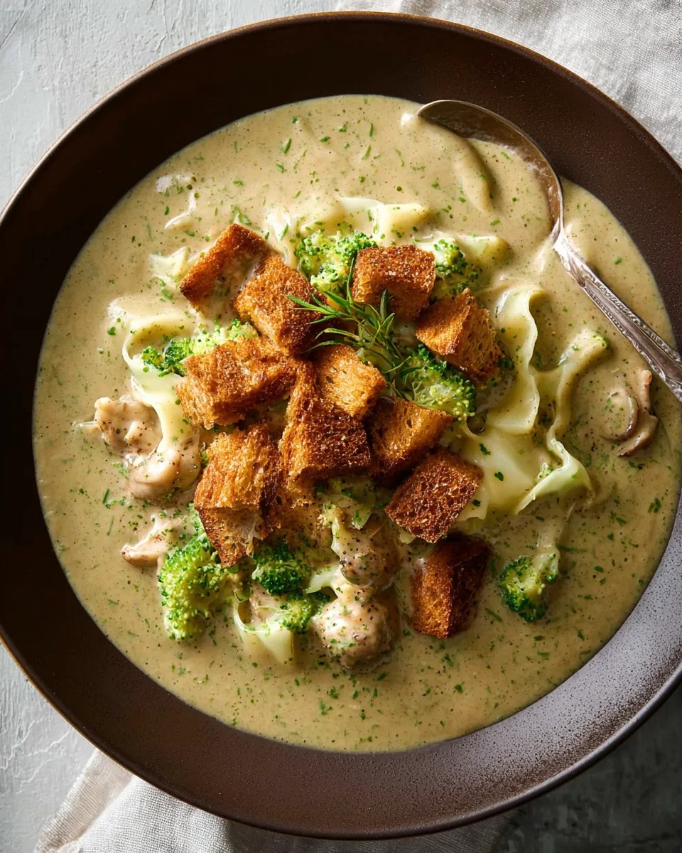 Broccoli, Cauliflower, and Cheddar Soup with Garlic Croutons