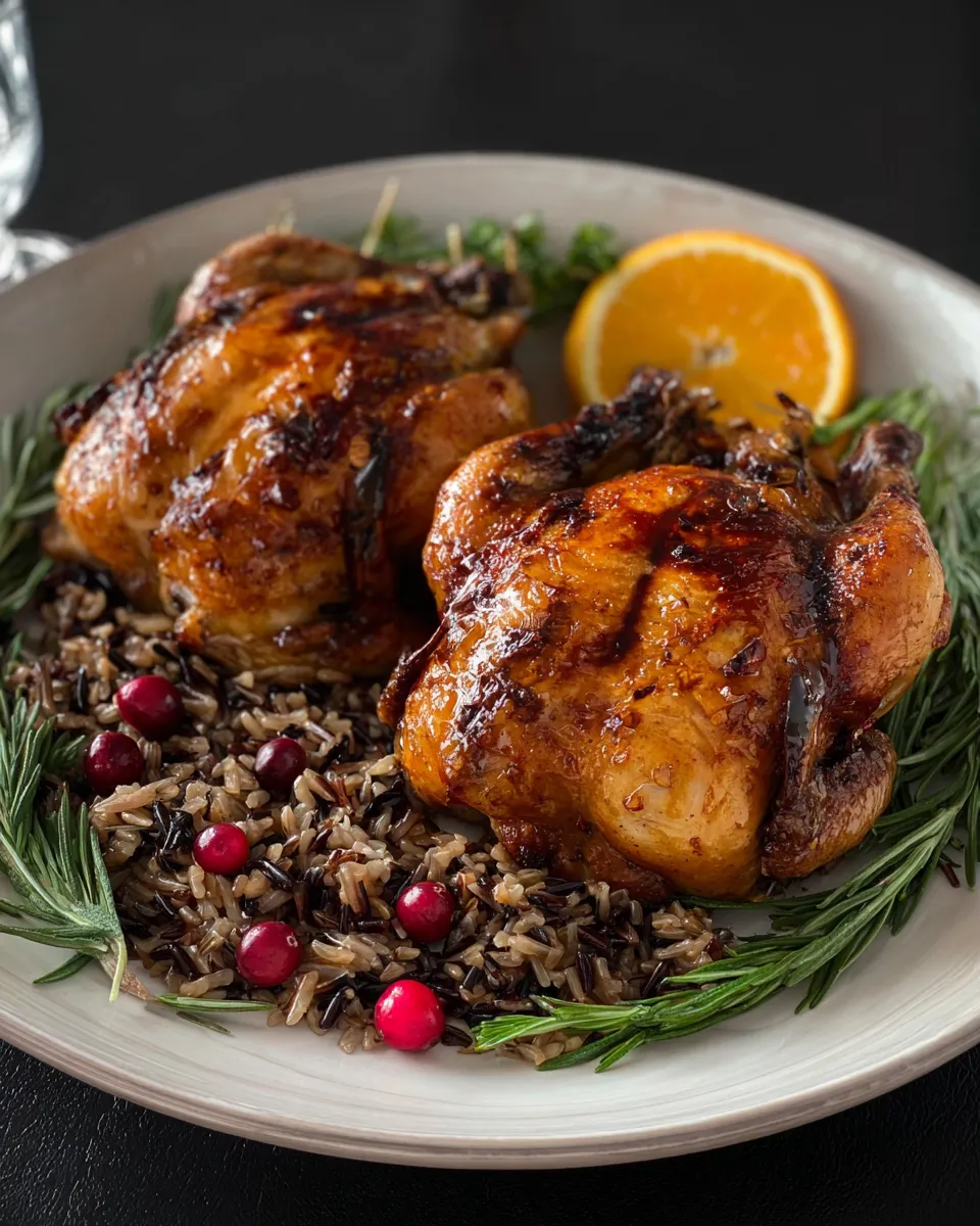 Cornish Hens with Apple Cranberry Glaze and Herb Roasted Wild Rice