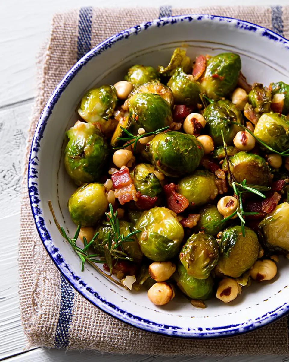Maple Glazed Brussels Sprouts With Pancetta & Hazelnuts