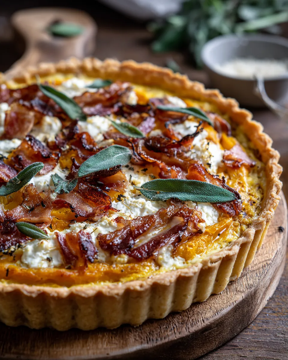 Pumpkin, Ricotta & Caramelized Onion Tart with Bacon and Sage