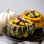 Stuffed Acorn Squash with Brussels Sprouts, Feta Cheese and Cranberries