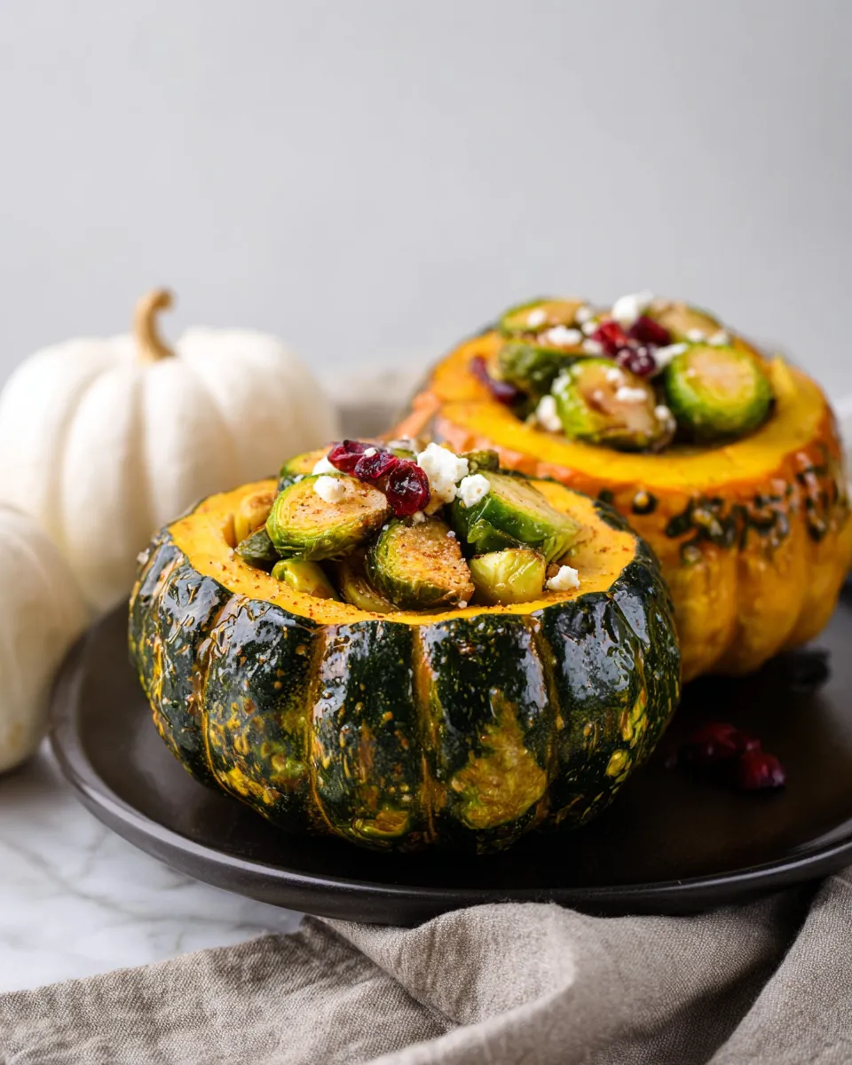 Stuffed Acorn Squash with Brussels Sprouts, Feta Cheese and Cranberries