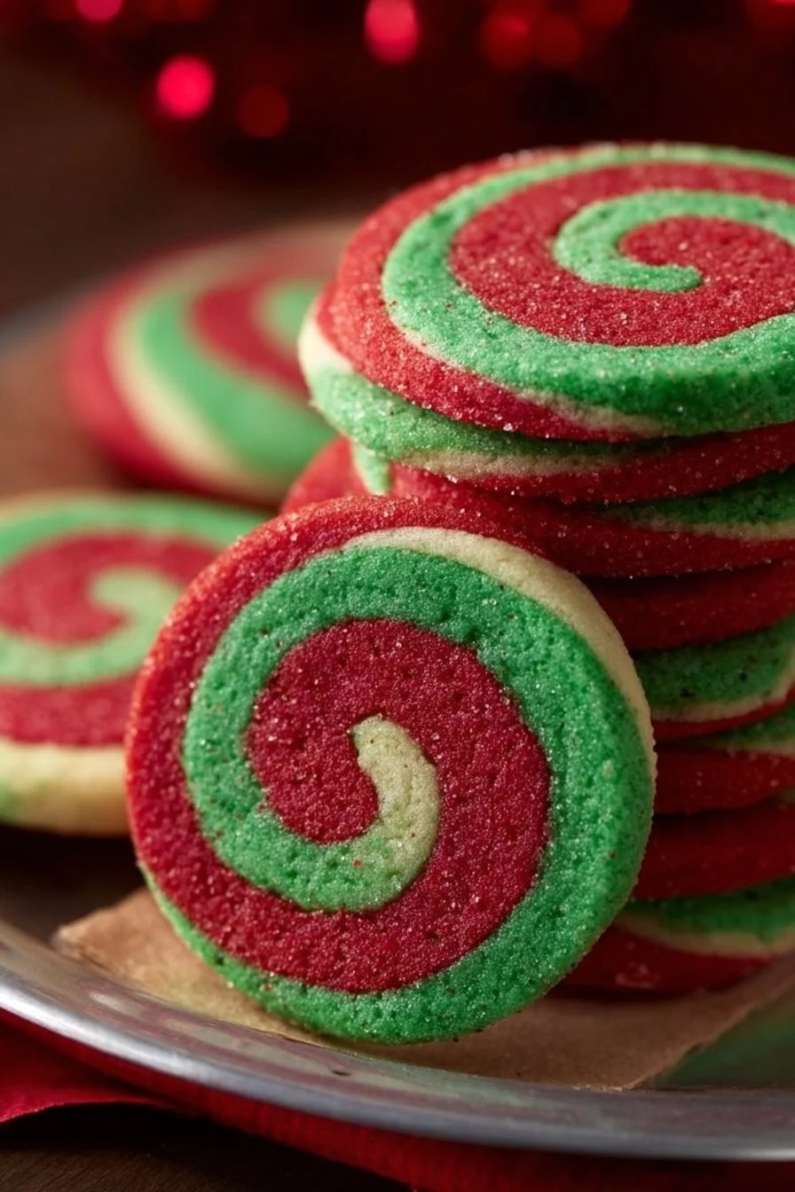Decorative Christmas Pinwheel Cookies on a festive plate