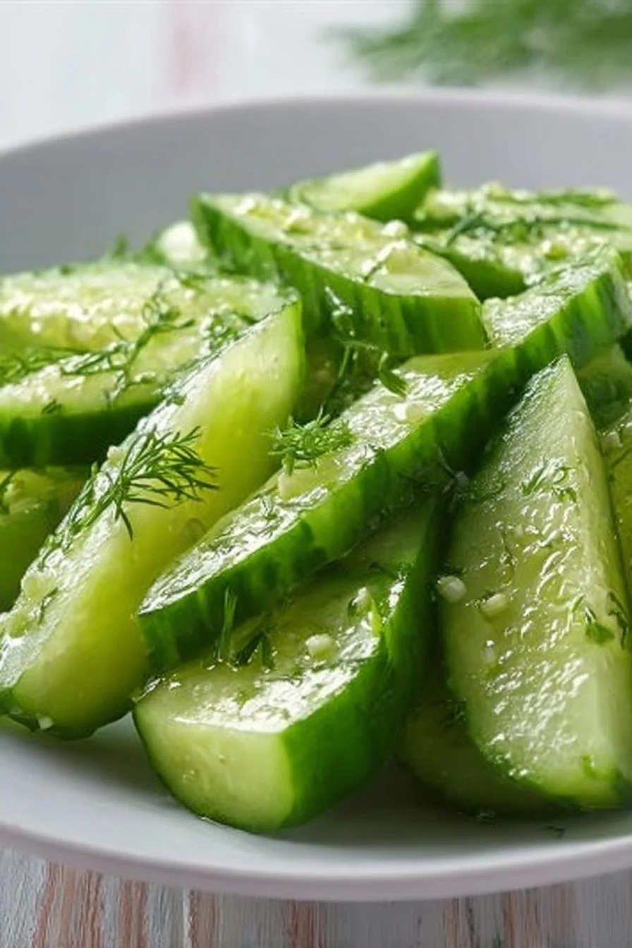 Delicious Garlic Dill Cucumbers served in a bowl garnished with fresh herbs.