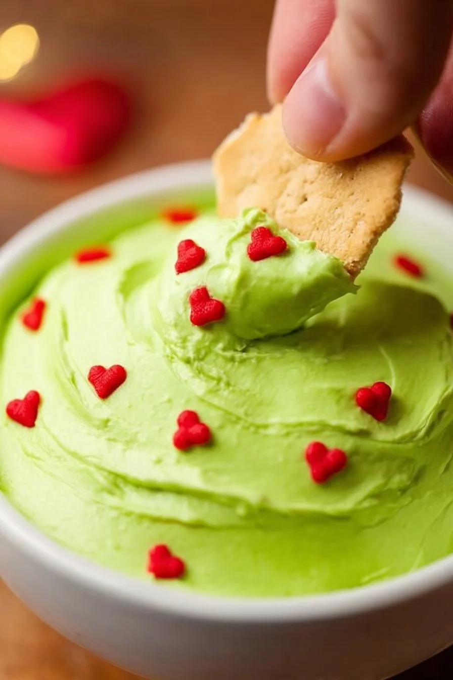 Festive Grinch Dip served in a bowl, surrounded by crackers and vegetables.
