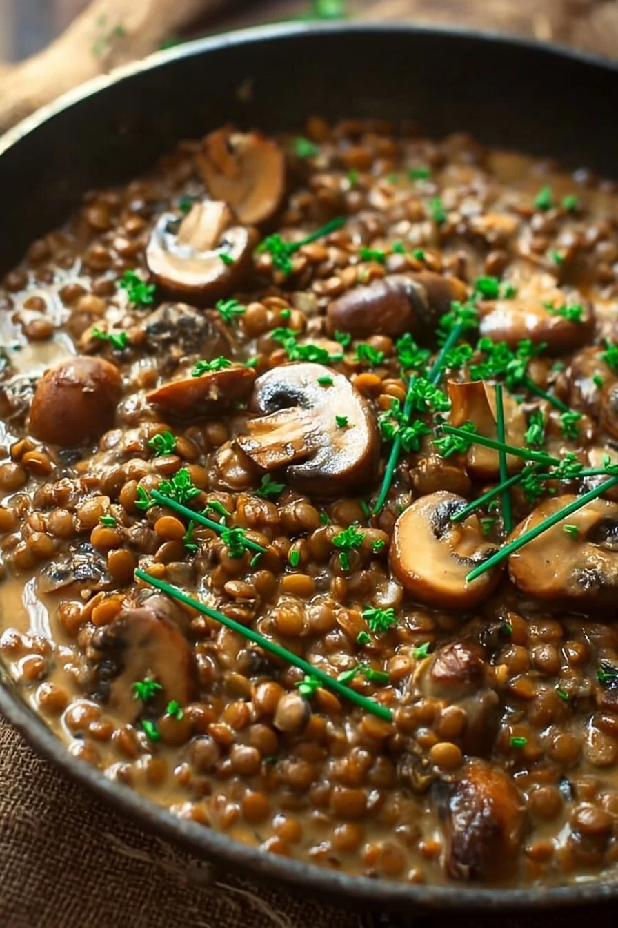 Bowl of creamy Lentil Mushroom Stroganoff topped with herbs and served with pasta.