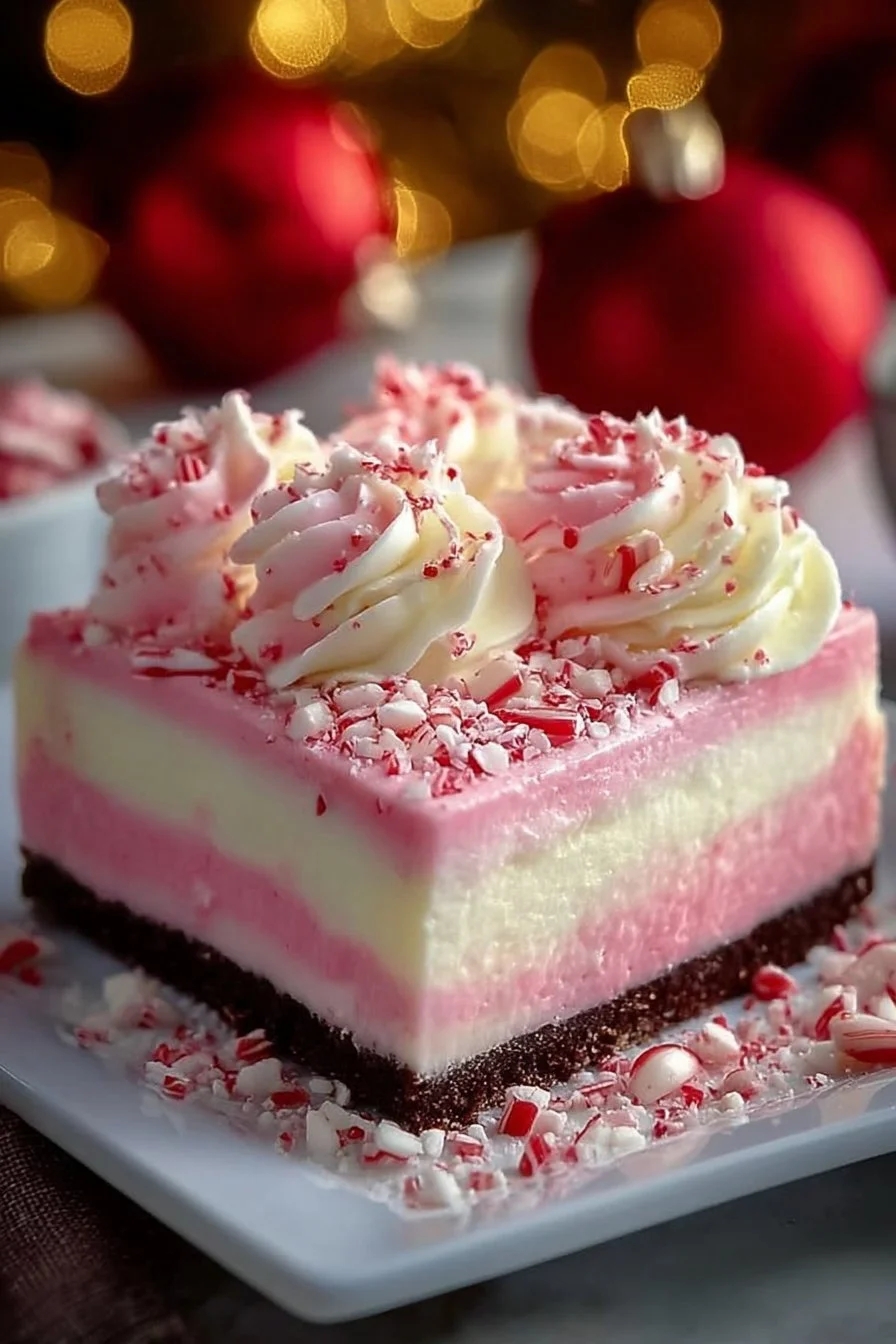 No-Bake Peppermint Cheesecake topped with crushed candy canes and whipped cream