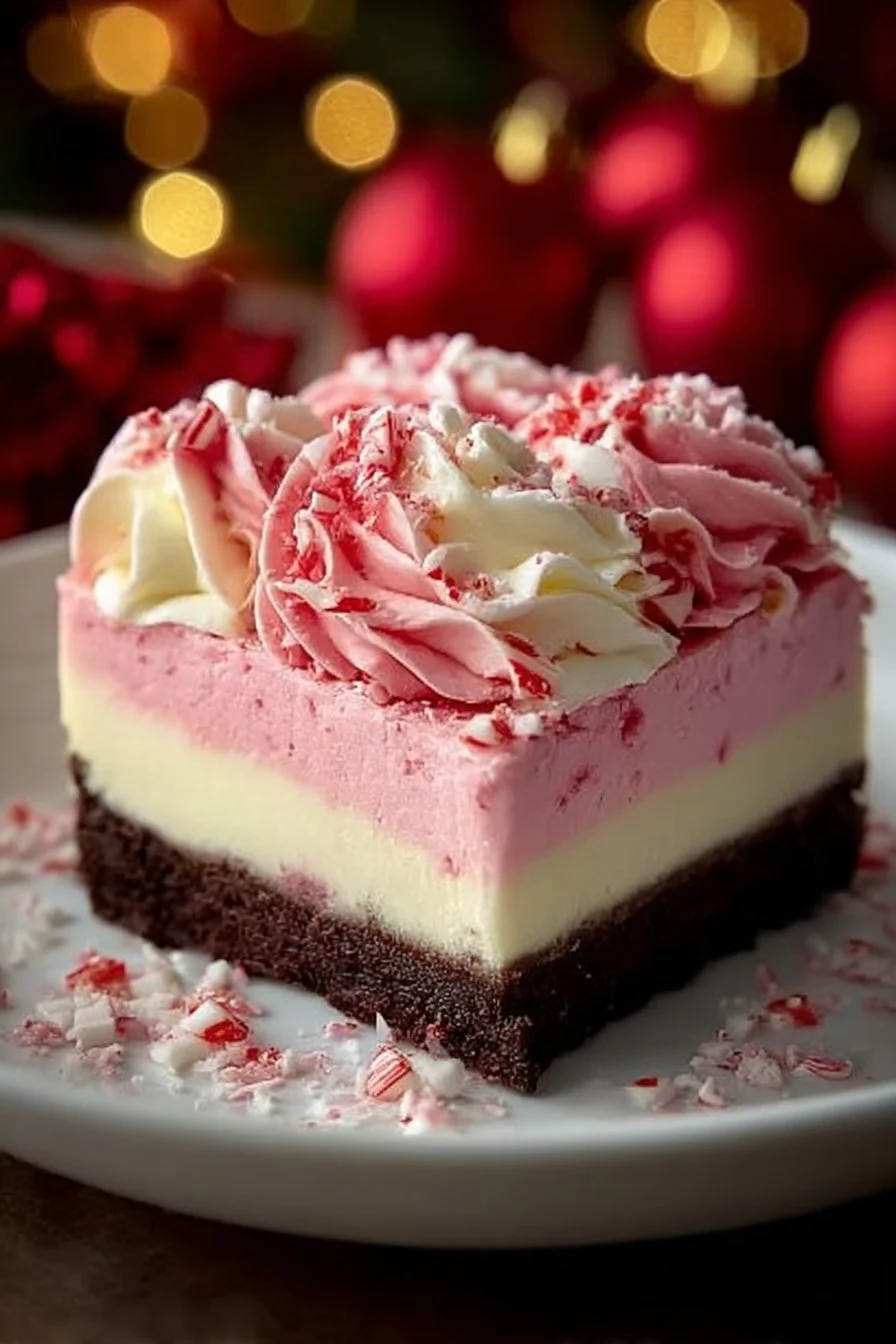 Delicious no-bake peppermint cheesecake topped with whipped cream and chocolate shavings.