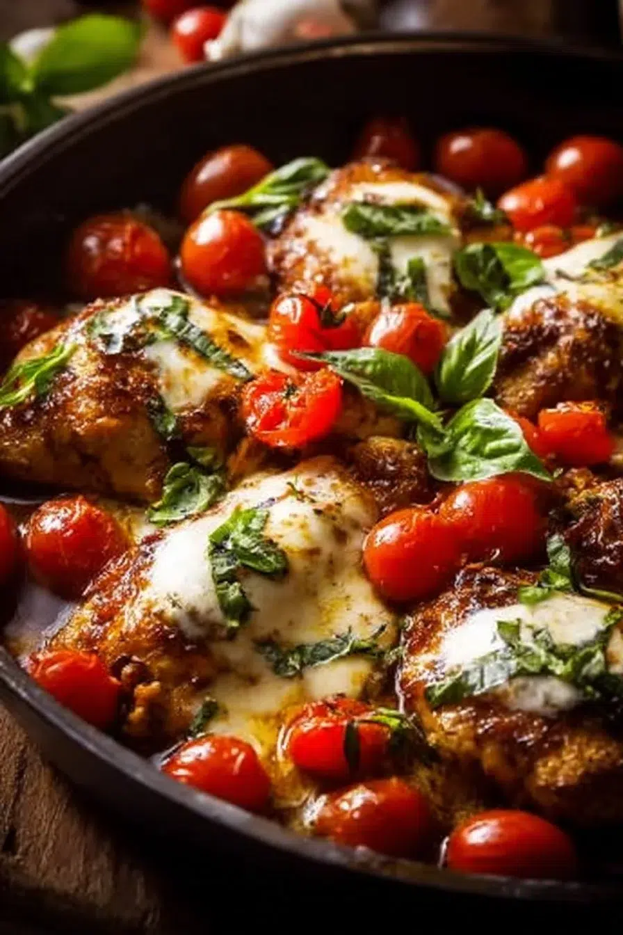 Delicious one-pan balsamic chicken garnished with herbs and served with vegetables.