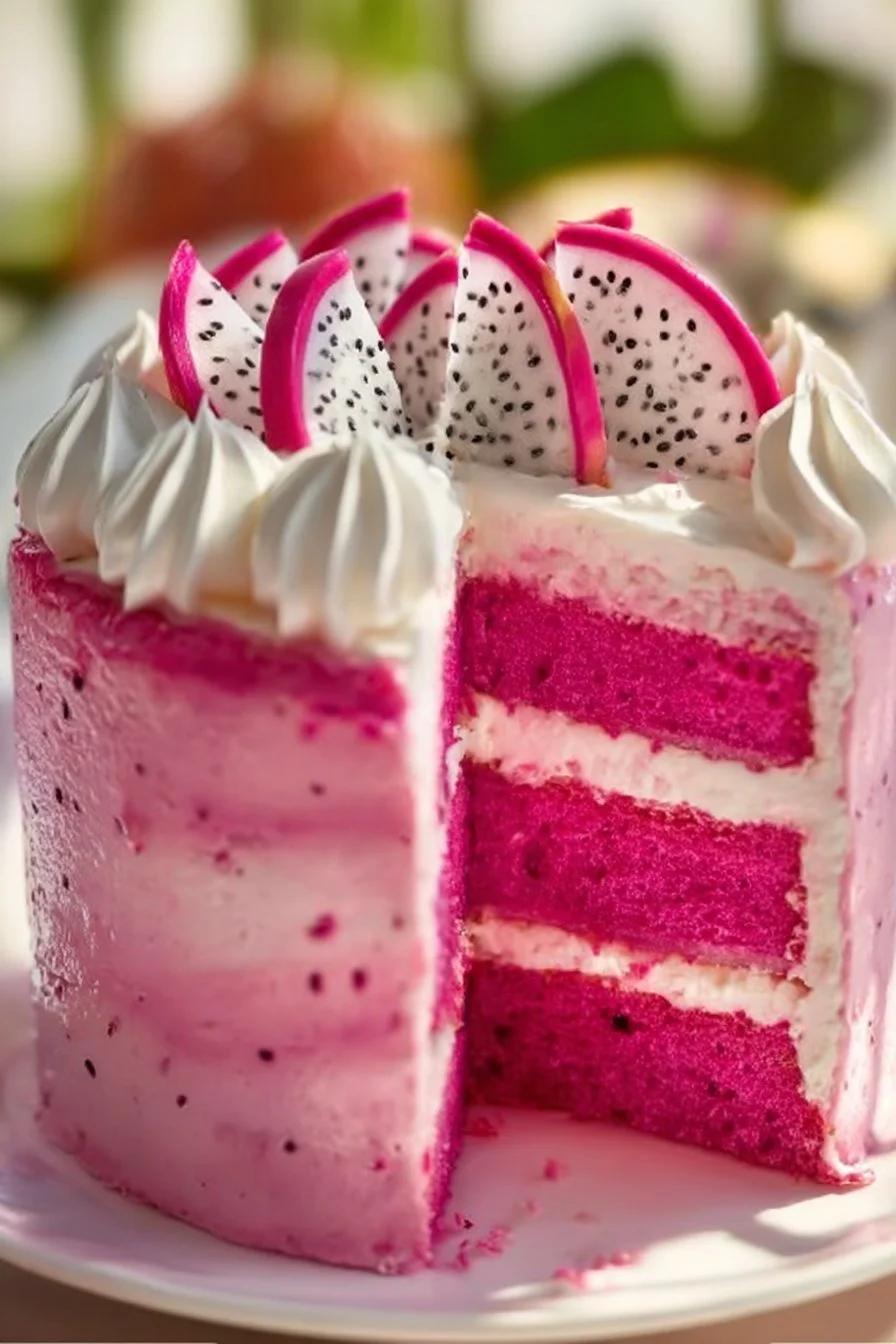 Delicious pink dragon fruit cake with vibrant colors and unique flavor.