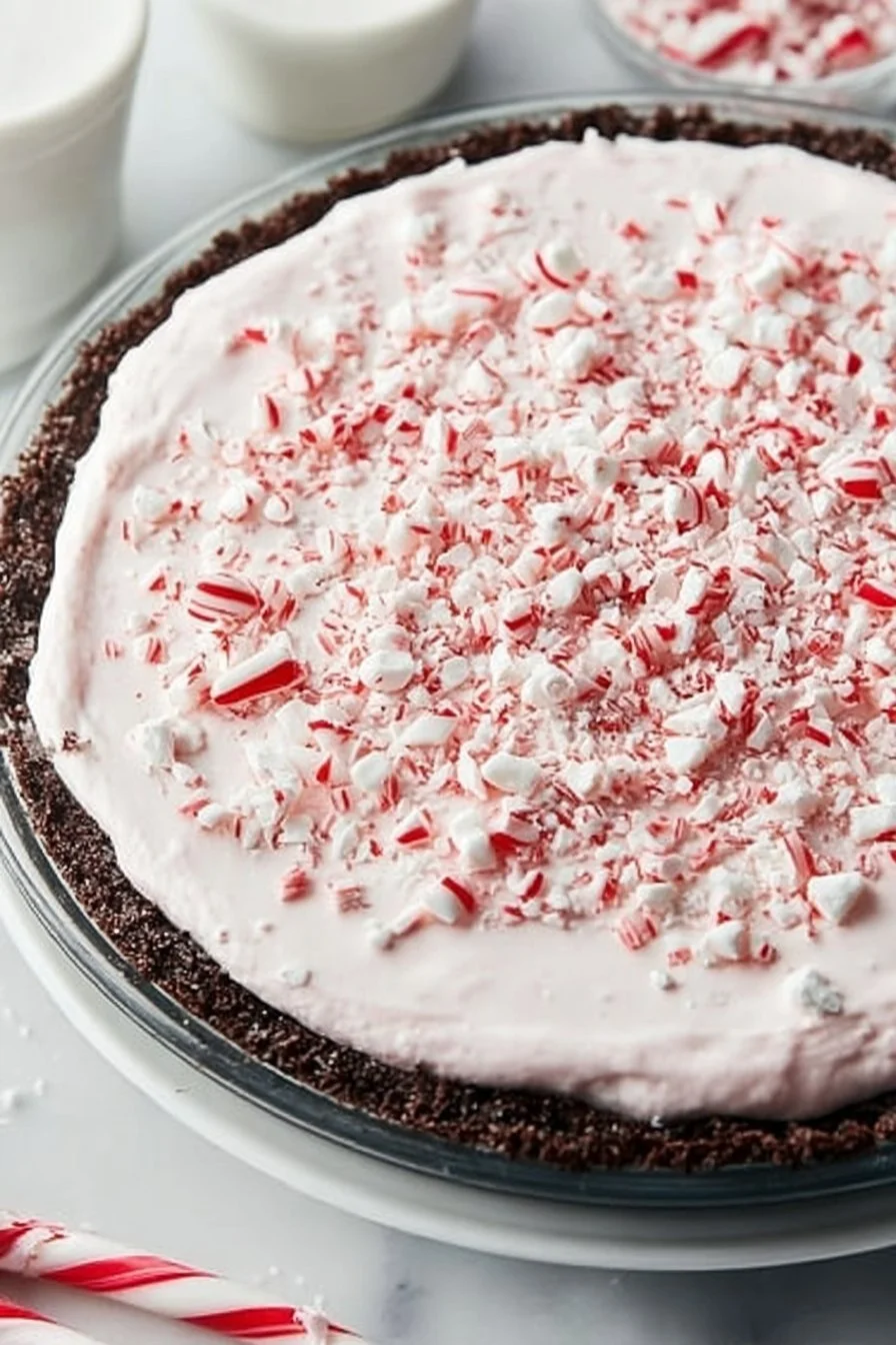 Slice of Quick Christmas Peppermint Pie topped with whipped cream and candy cane bits.
