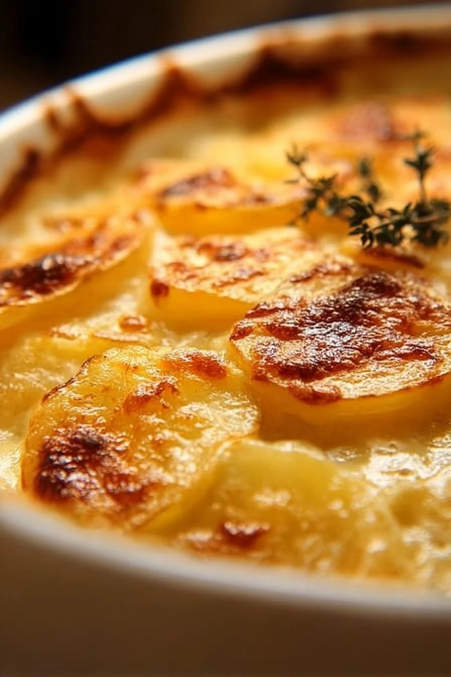 Creamy scalloped potatoes baked to perfection in a cheesy sauce.