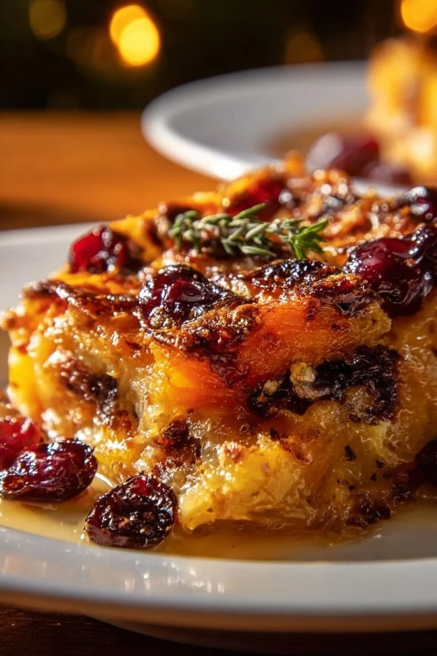 Delicious Sweet Potato & Cranberry Gratin baked to perfection.