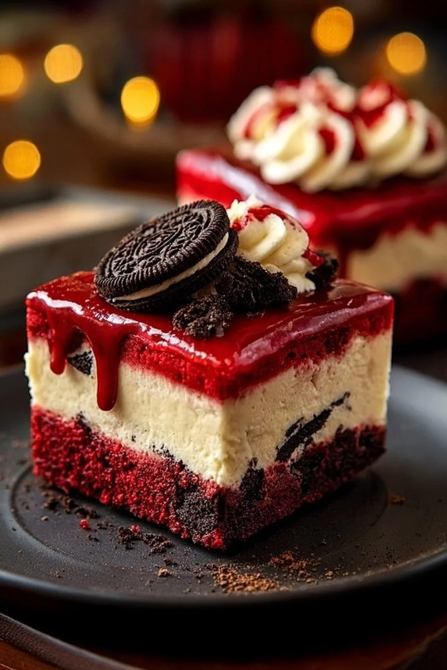 Delicious slice of red velvet Oreo cheesecake topped with cream cheese frosting.
