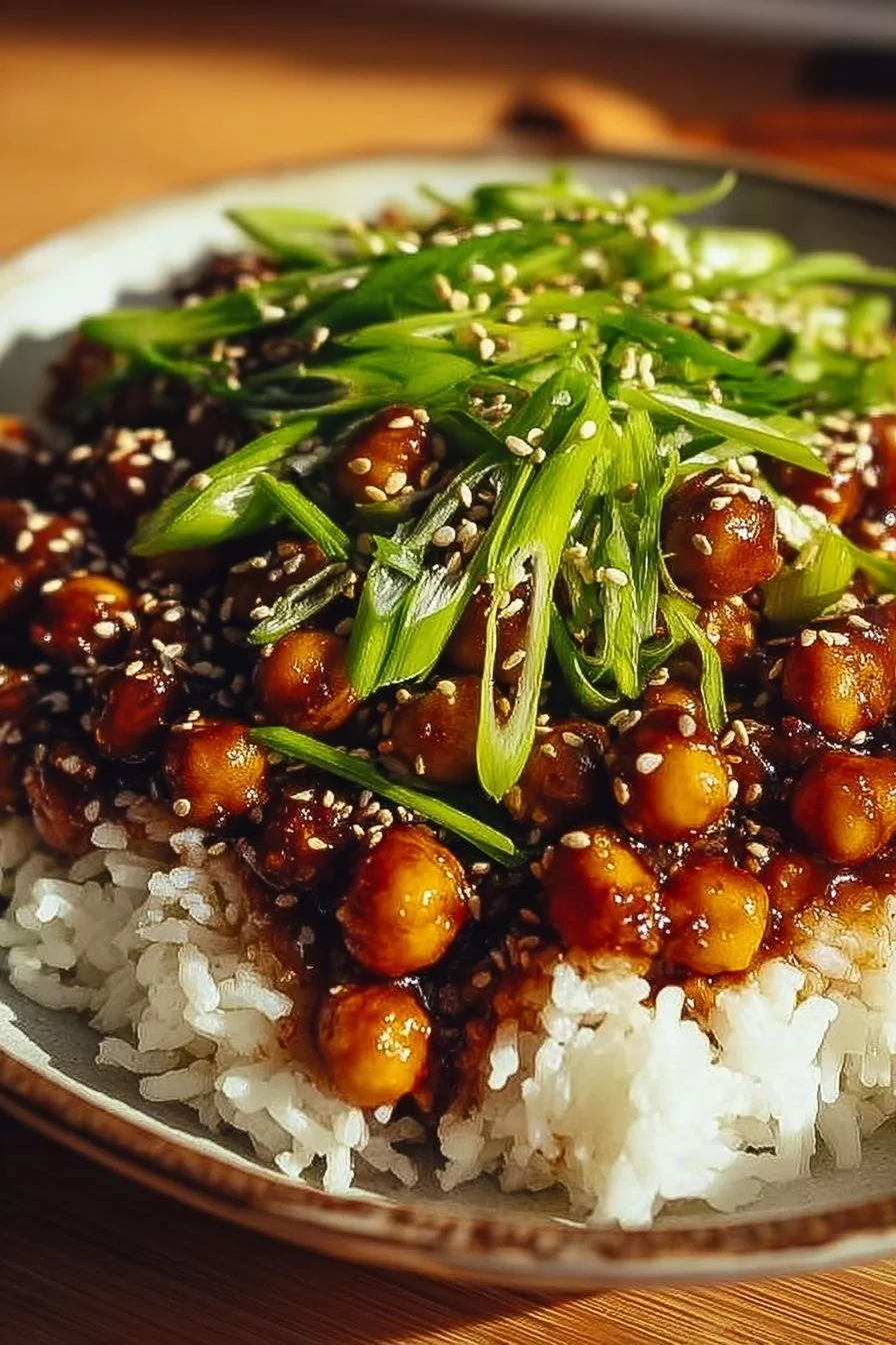 Bowl of Vegan Sticky Sesame Chickpeas topped with sesame seeds and green onions.