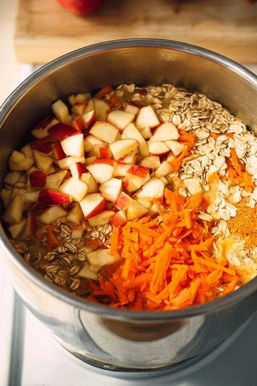 Bowl of 10-Minute Apple Carrot Oatmeal topped with fresh apples and carrots