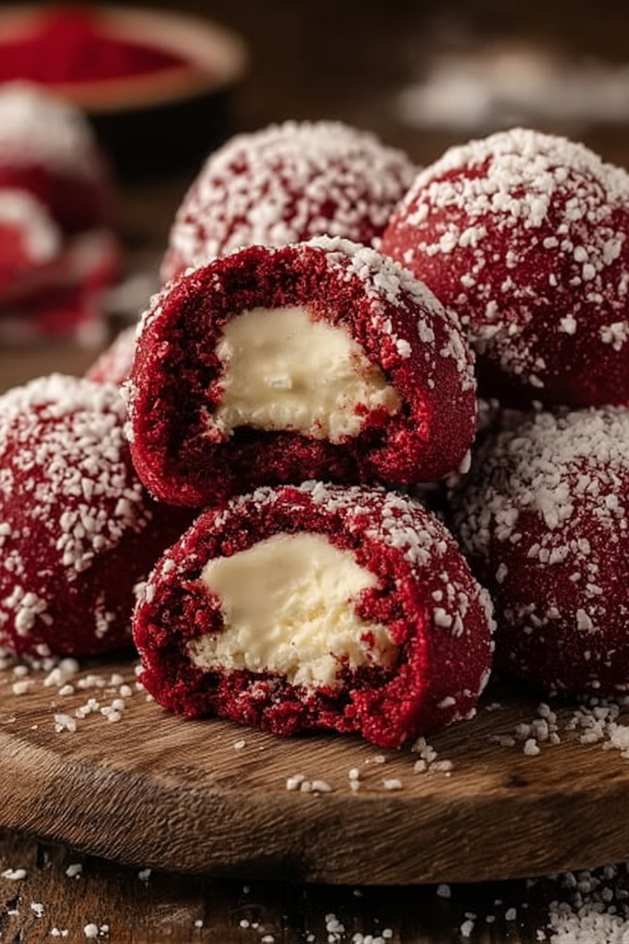 Decadent Red Velvet Snowball Cookies with White Chocolate Filling