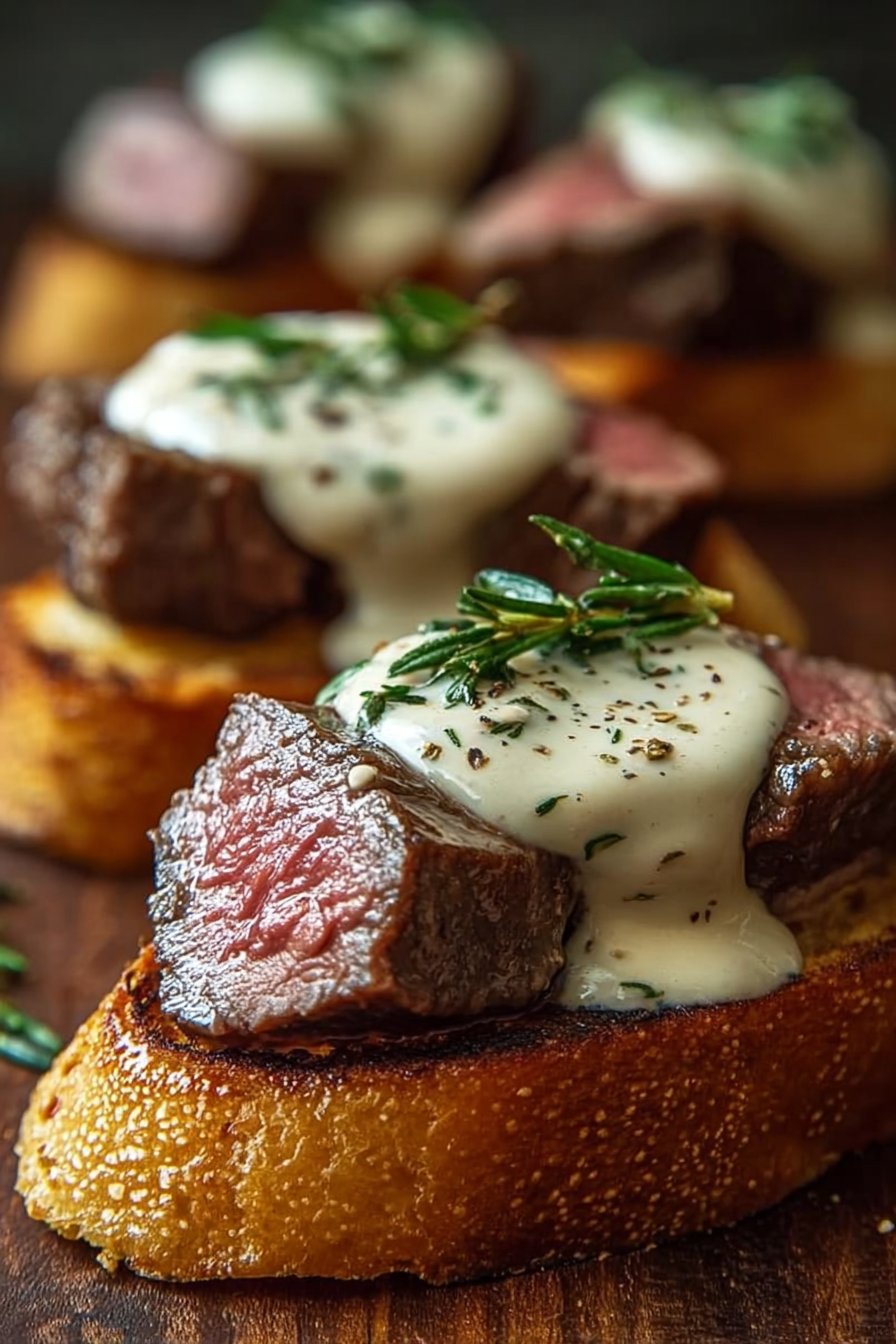 Beef Tenderloin Crostini with Parmesan Cream Sauce