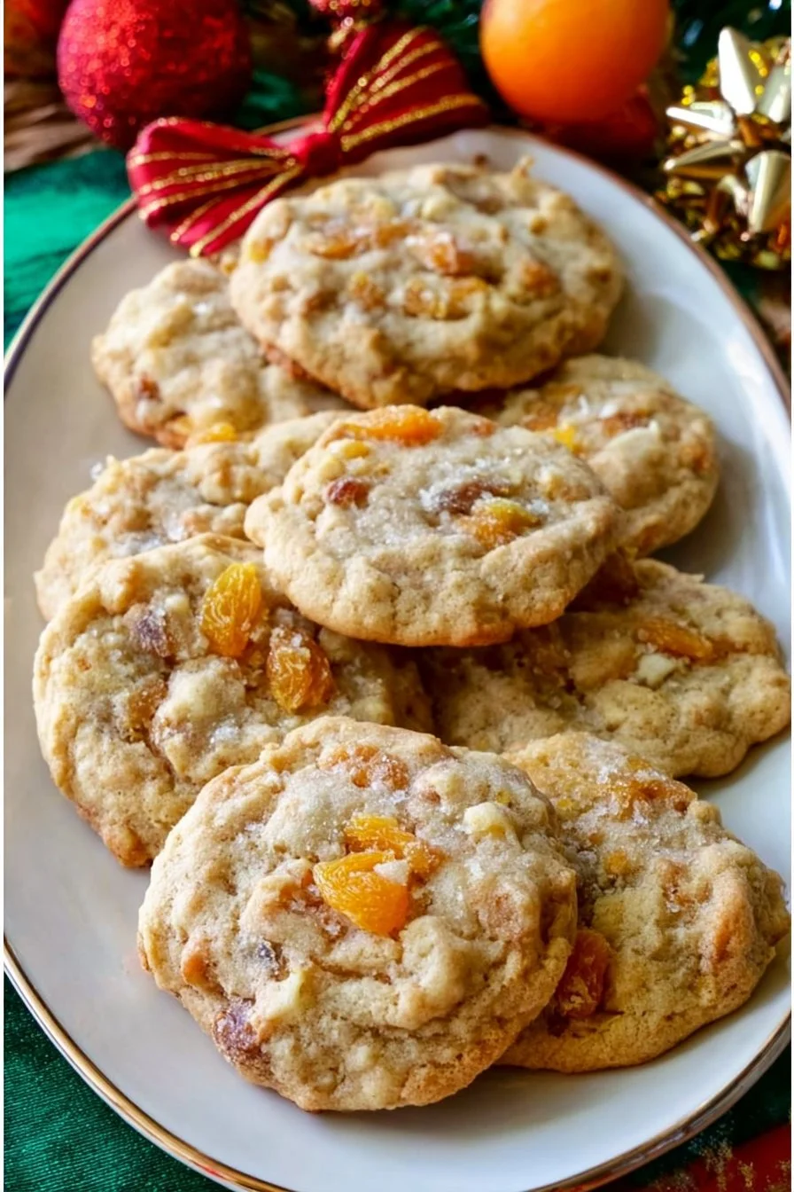 Delicious apricot white chocolate cookies on a rustic wood surface