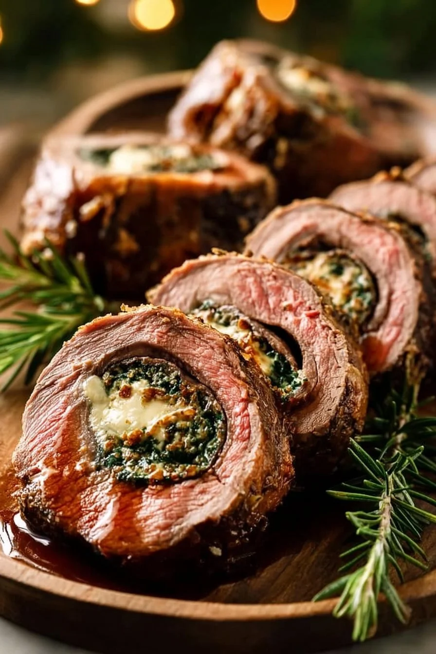 Delicious Christmas stuffed beef tenderloin ready for the holiday dinner