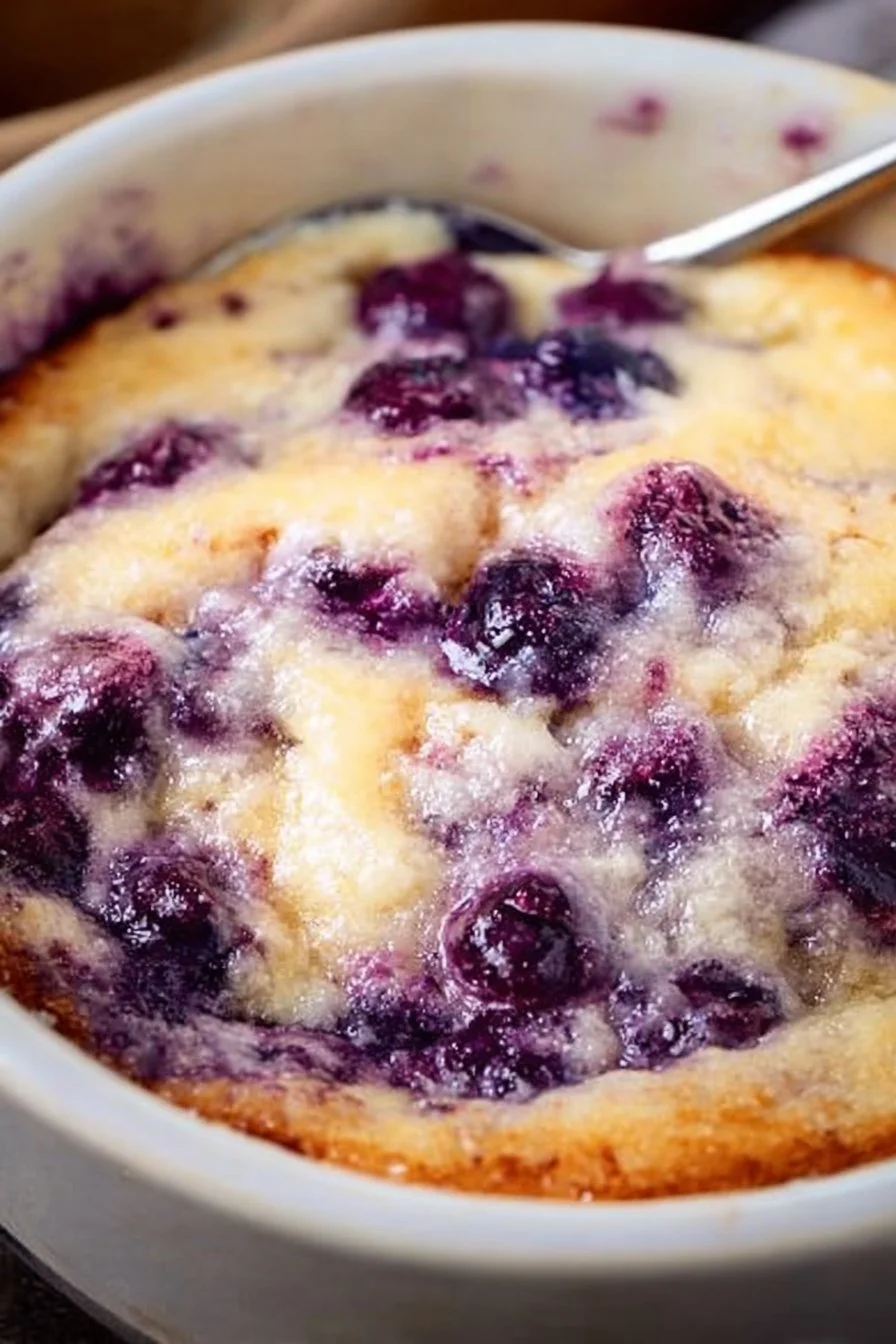 Delicious Blueberry Jam Protein Baked Oats in a bowl, ready to enjoy for breakfast.