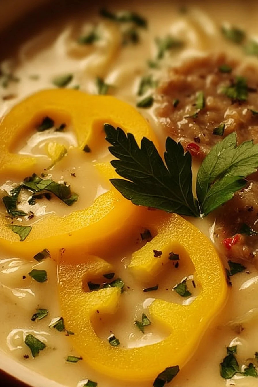 Bowl of Cheesy Stuffed Banana Peppers Soup garnished with herbs