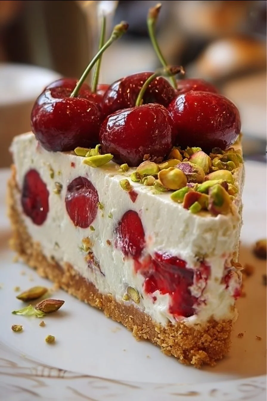 Delicious Cherry Pistachio Cheesecake topped with fresh cherries and pistachios
