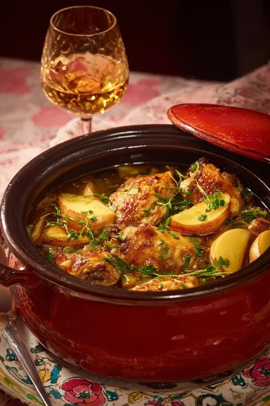 Delicious Chicken Normandy dish with cream and apples served on a plate.