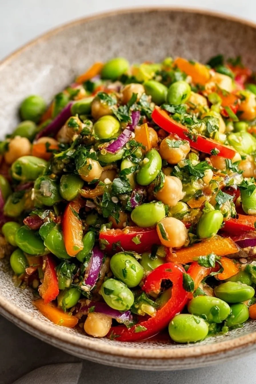 Chickpea Edamame Salad with Ginger Sesame Vinaigrette in a bowl