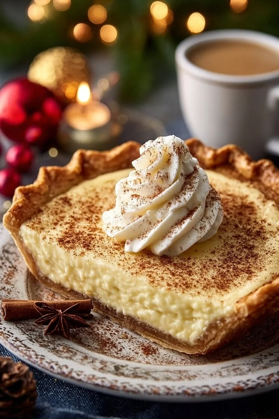 Delicious Cinnamon-Vanilla Custard Pie, a festive holiday dessert for Christmas Eve.