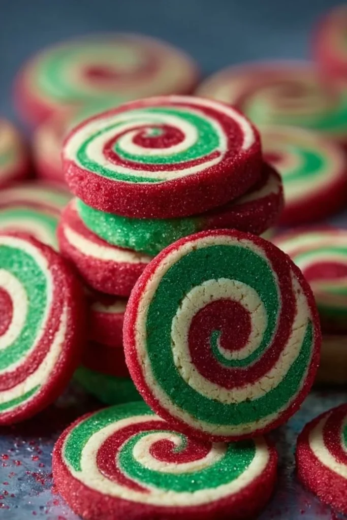 Christmas-themed Pinwheel Cookies with vibrant swirls