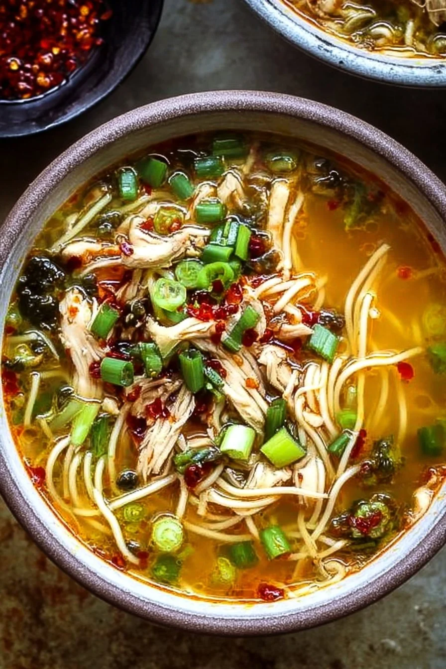 Bowl of Classic Ginger Garlic Chicken Noodle Soup with fresh ingredients