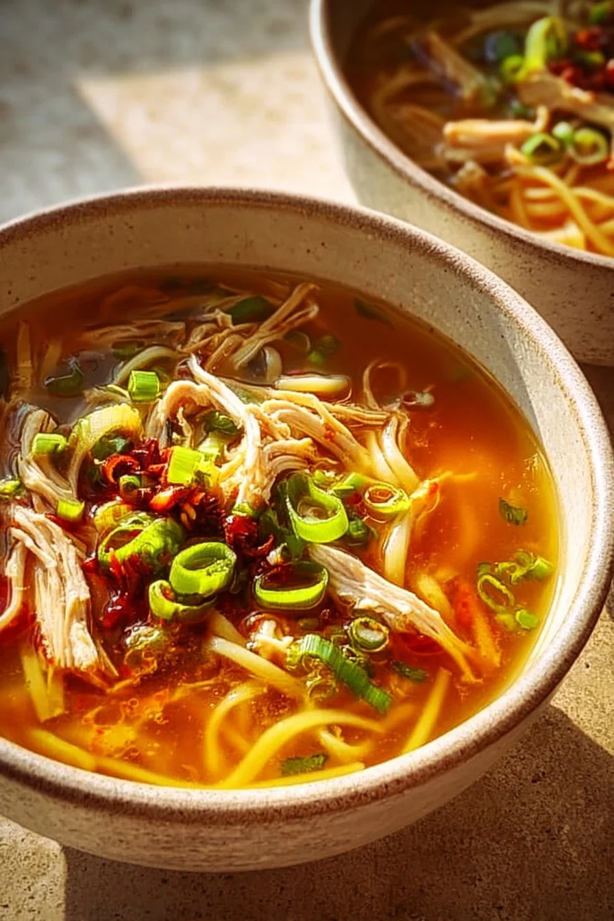 Classic Ginger Garlic Chicken Noodle Soup in a bowl with herbs
