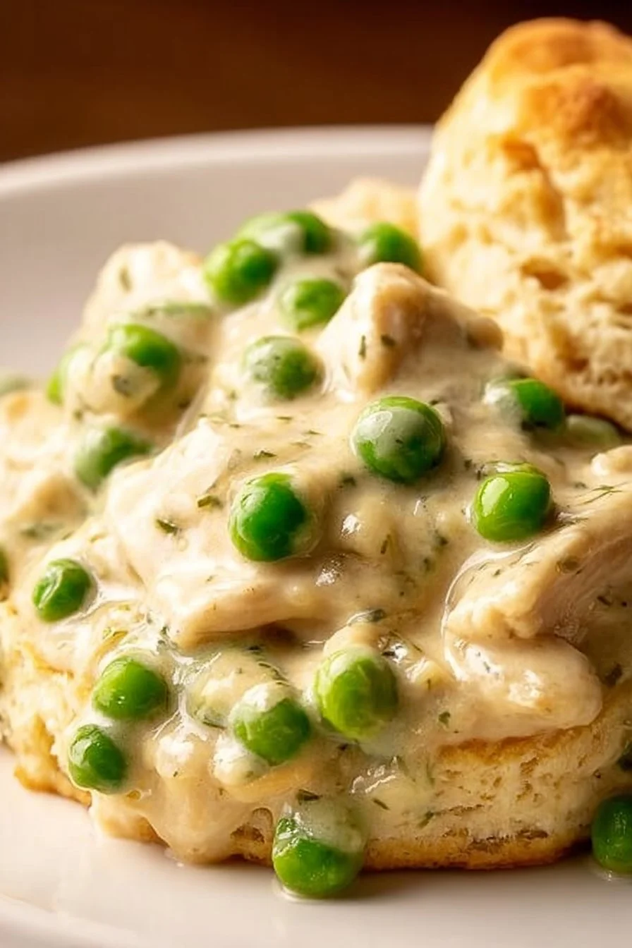 Delicious creamed chicken served over freshly baked biscuits