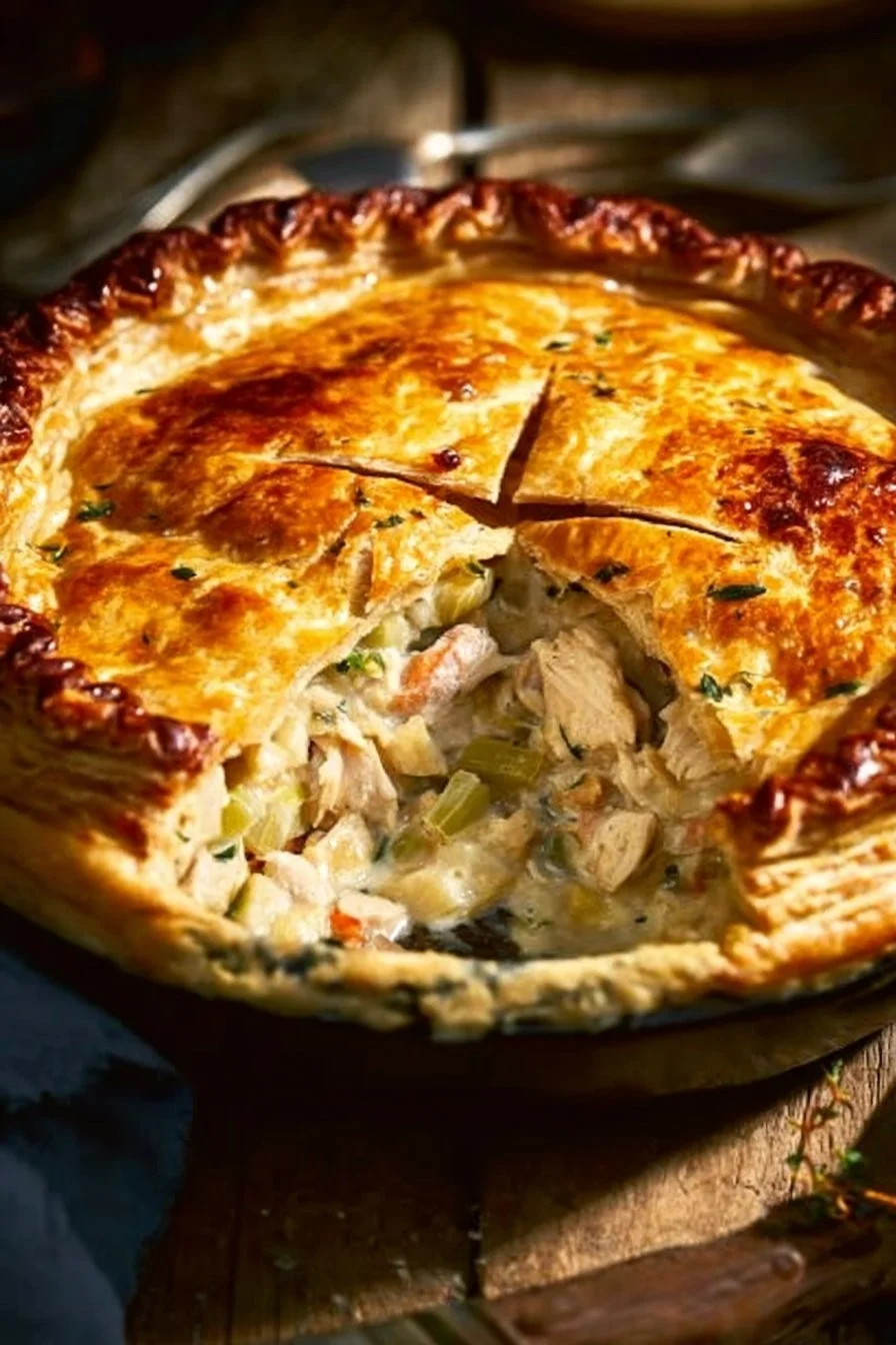 Creamy chicken pie with leek and thyme in a golden crust