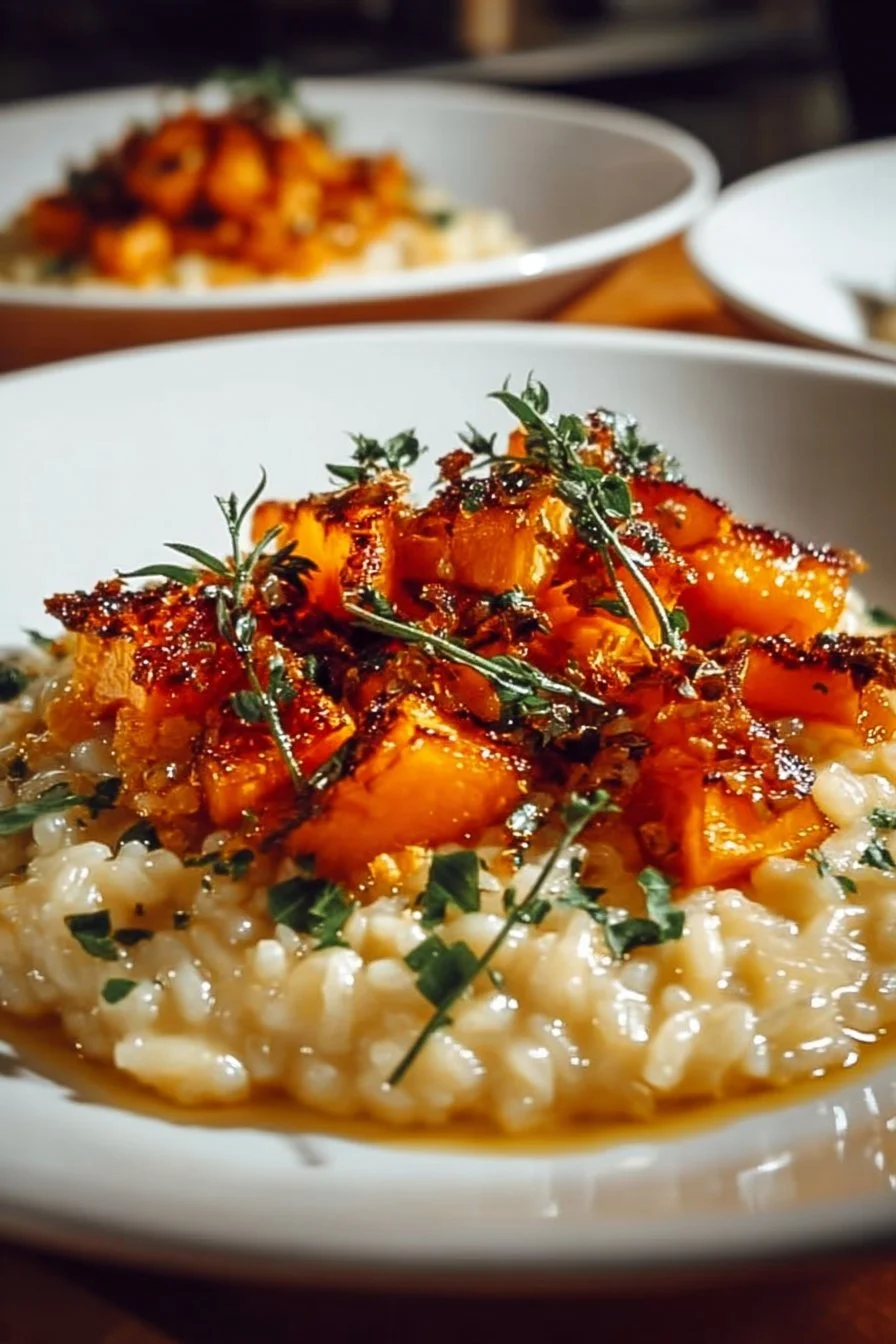 Creamy roasted butternut squash risotto served in a bowl with herbs