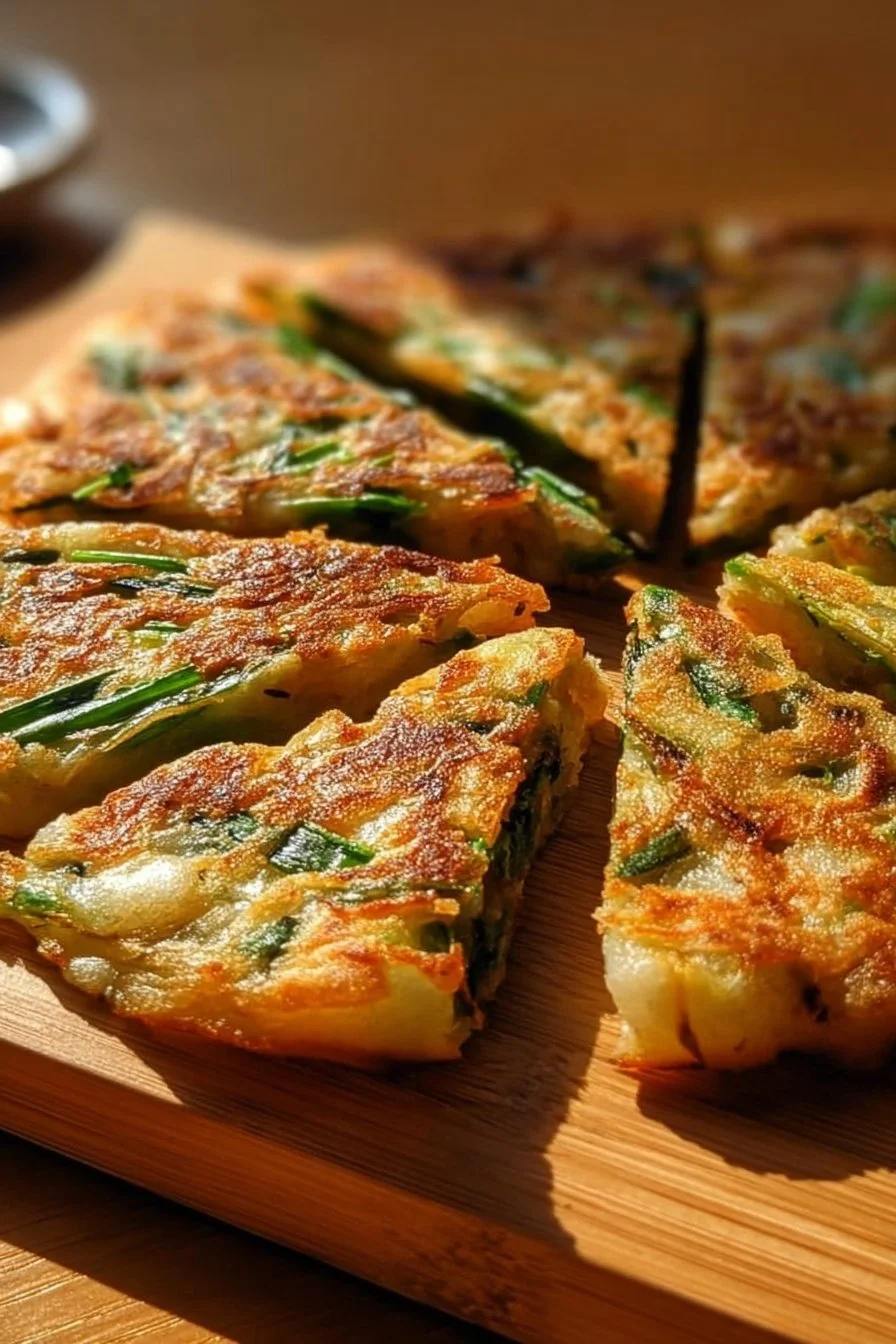Crispy Korean spring onion pancake served with dipping sauce on a plate.